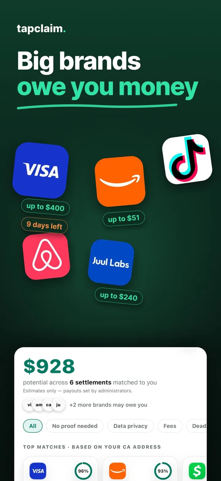 TapClaim matches screen showing an estimate across six matched settlements