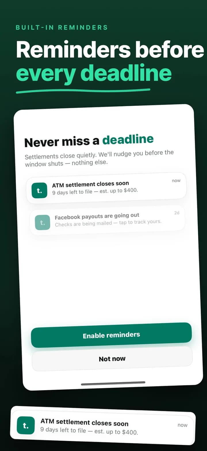 TapClaim reminder notifications before a settlement deadline closes