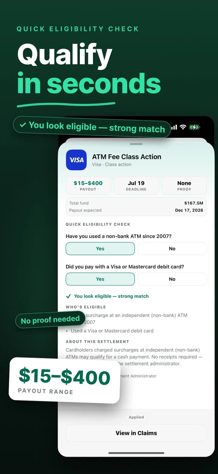 TapClaim eligibility check for an ATM fee class action, showing payout range, deadline, and proof requirement