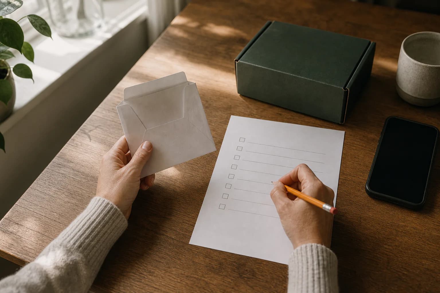 A person reviewing a settlement checklist beside an empty receipt envelope