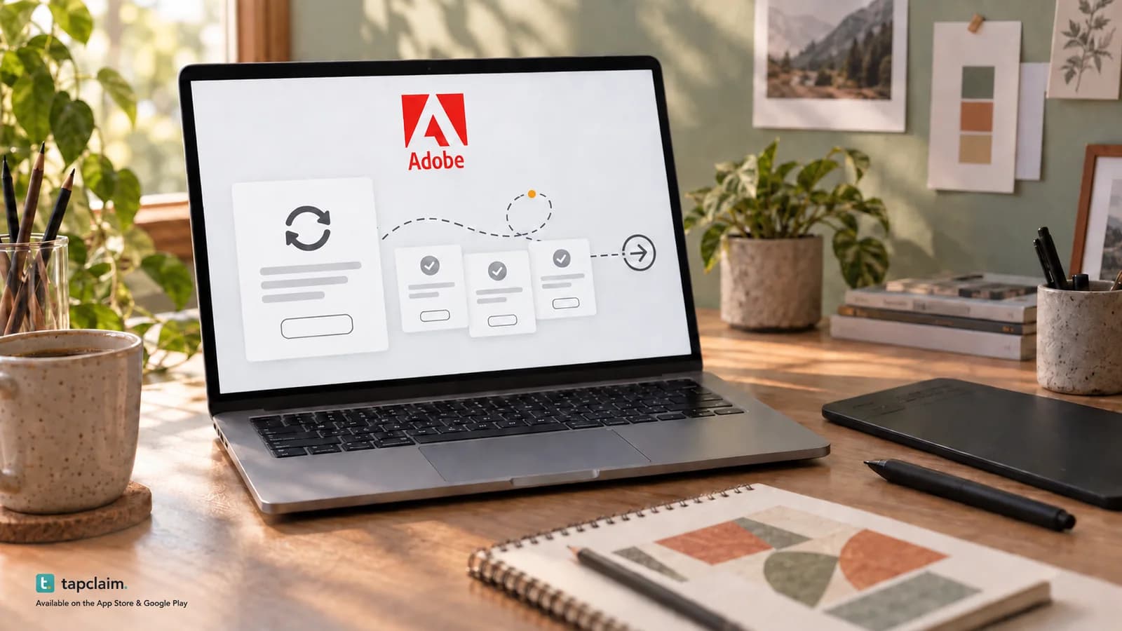 An Adobe subscription panel on a laptop with a looping cancellation path beside a drawing tablet and stylus.