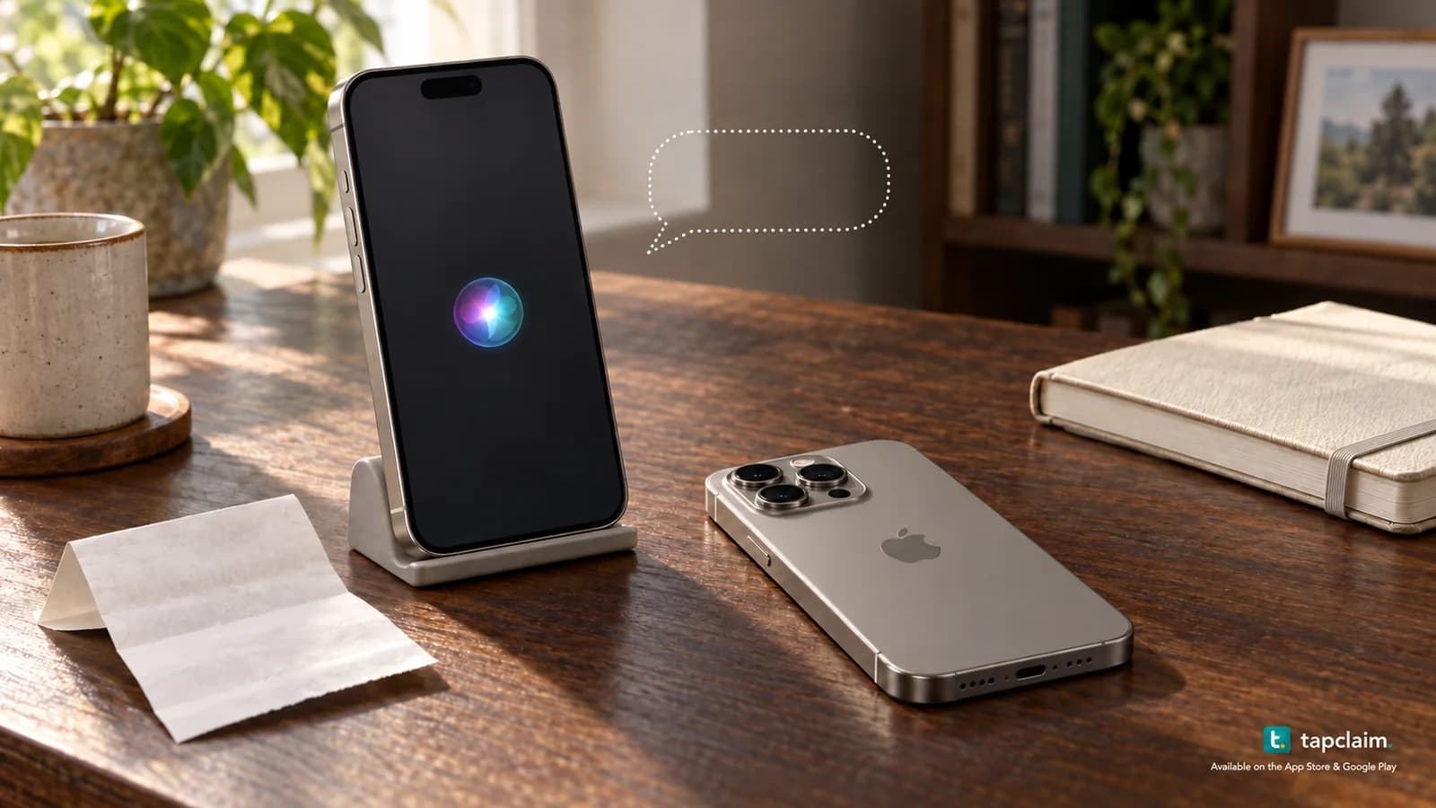 Two iPhones on a desk, one displaying a voice-assistant orb beside an empty dotted speech bubble.