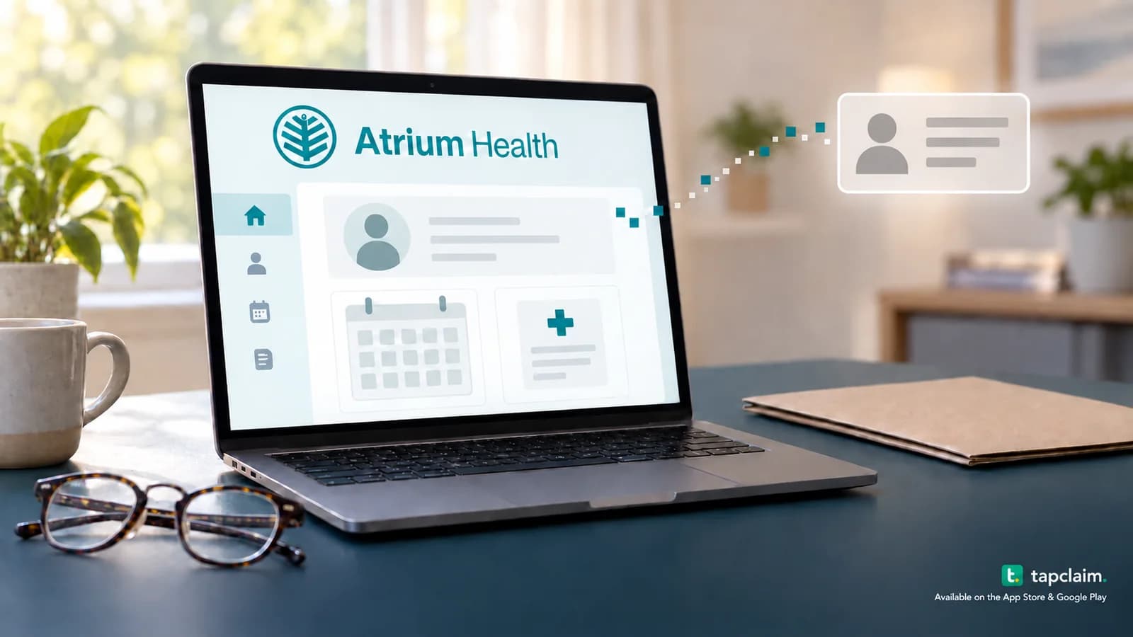 An Atrium Health portal illustration with appointment and health-record symbols connected to an anonymous data card.