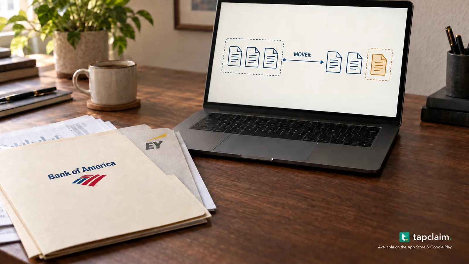Bank of America documents beside a laptop showing a MOVEit file-transfer diagram and an exposed-record symbol.