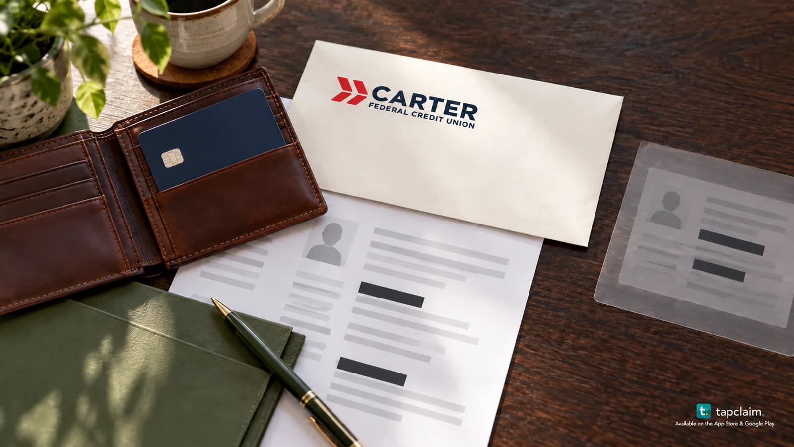 A wallet and anonymous bank card beside a Carter Federal Credit Union envelope and redacted financial records.