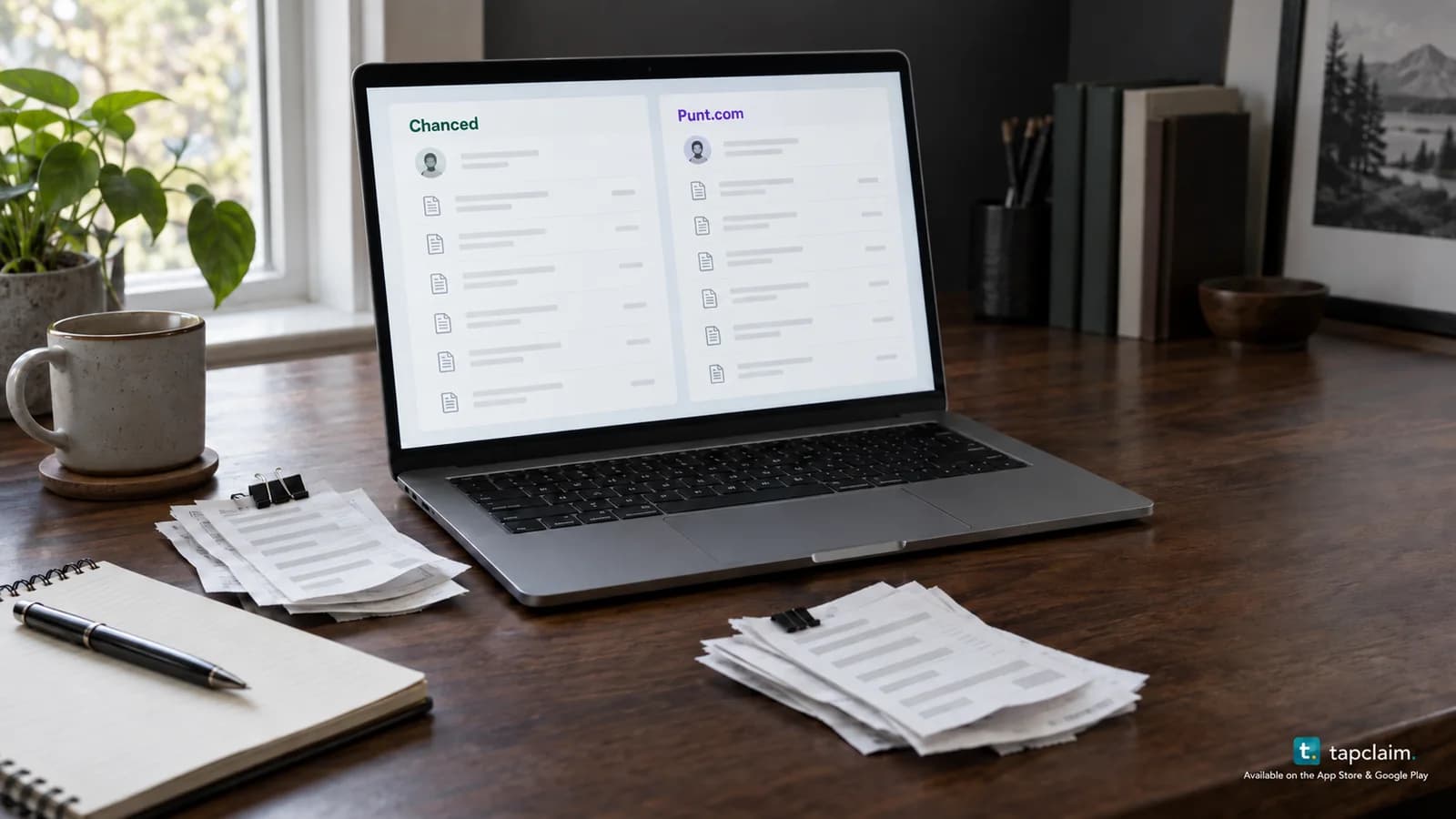 A laptop with Chanced and Punt.com account-history windows beside anonymous payment receipts.