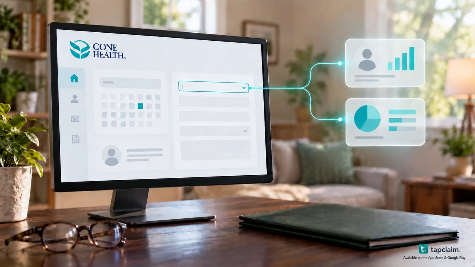 A desktop monitor with the Cone Health mark and a symbolic patient portal connected to anonymous analytics tiles.