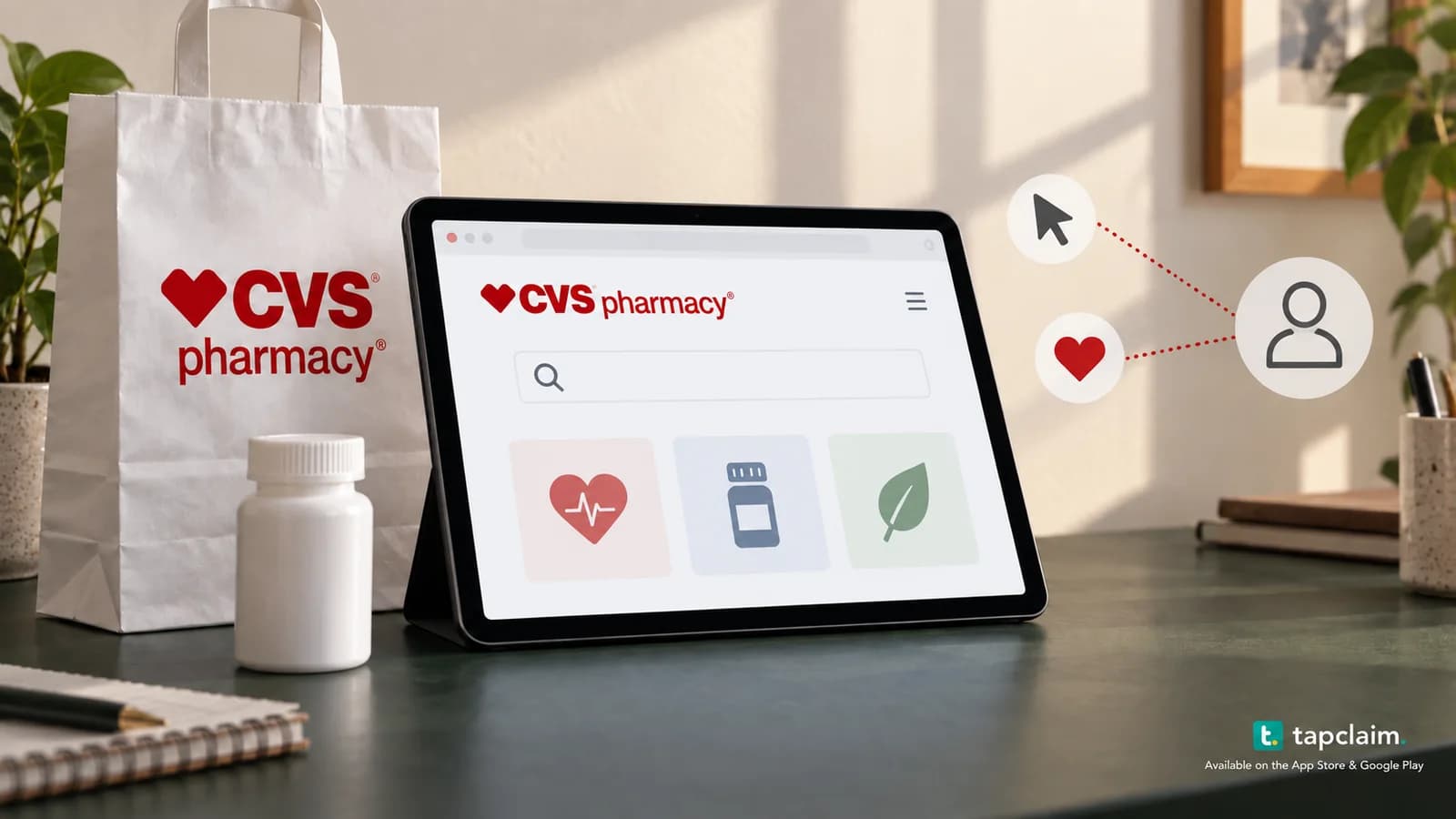 A CVS tablet browser and pharmacy bag beside a diagram linking health-related browsing to an anonymous audience profile.