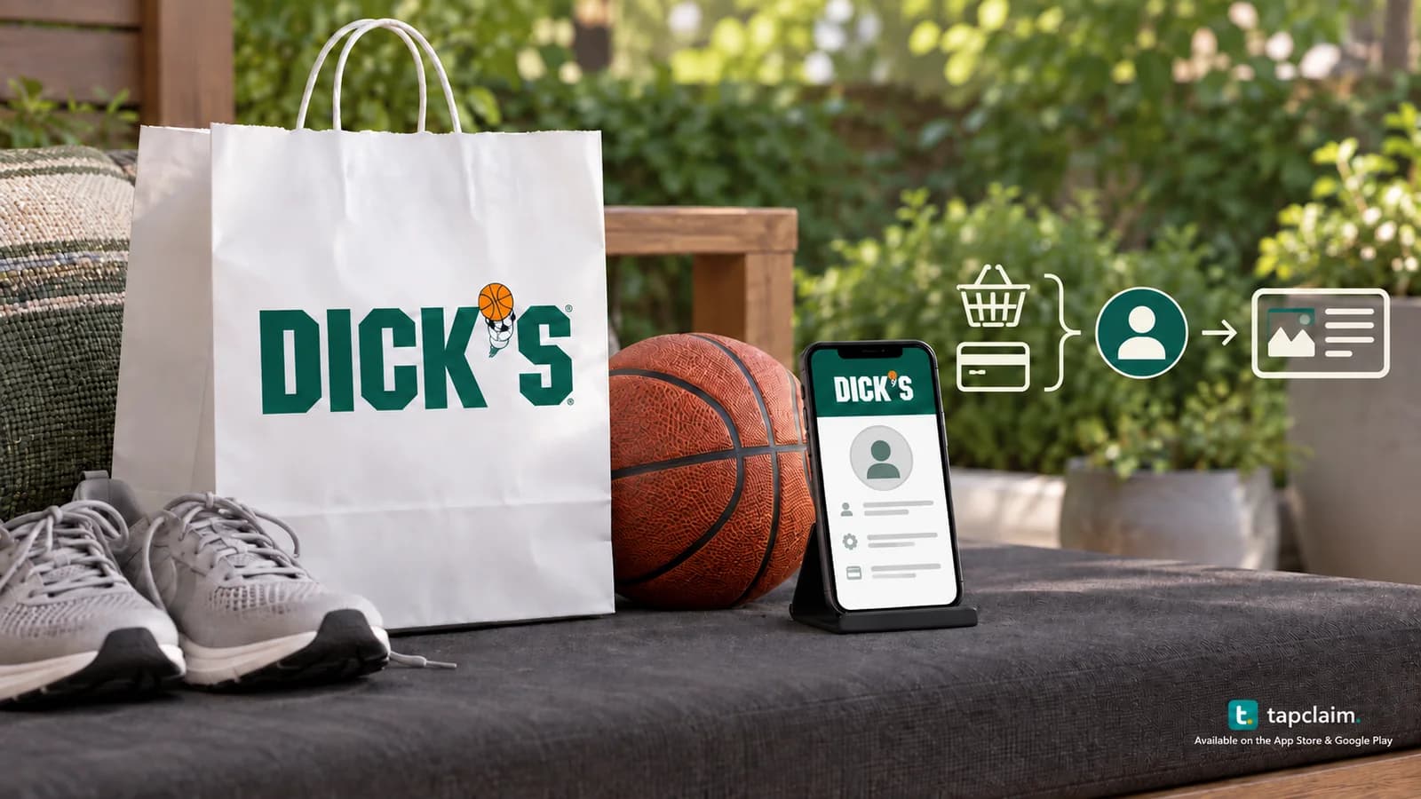 Dick's Sporting Goods shopping bag and sports gear beside a phone with an anonymous advertising-profile diagram.