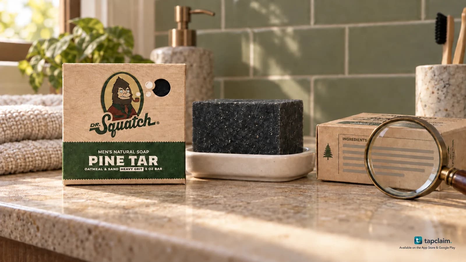 Dr. Squatch Pine Tar soap and packaging beside a magnifying glass and a folded towel on a bathroom counter.