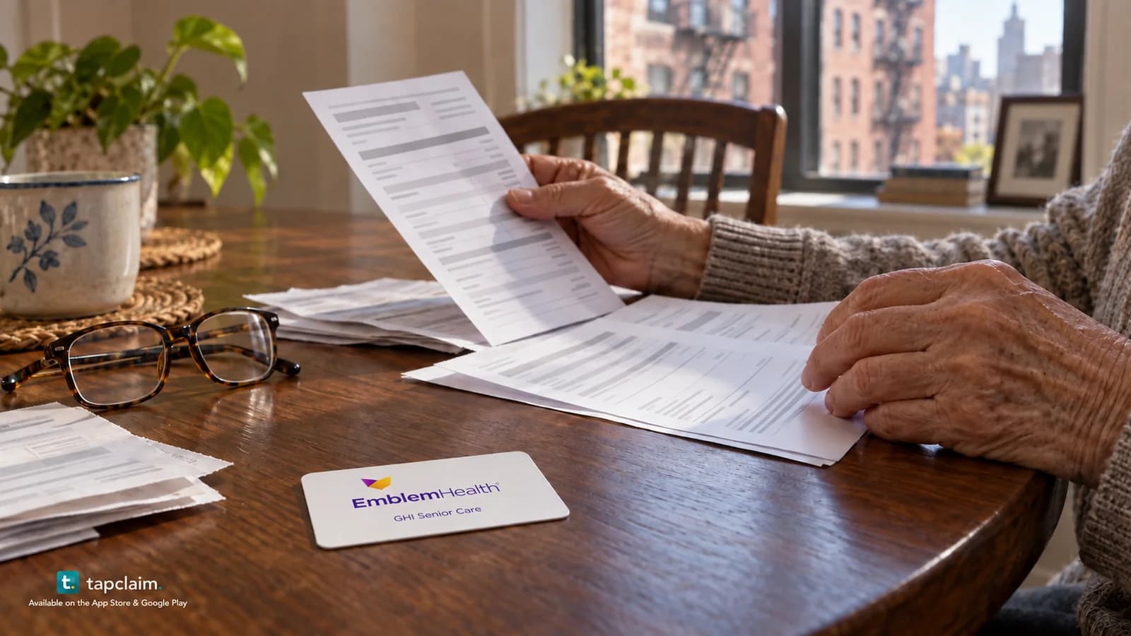 An older adult reviewing medical receipts beside an EmblemHealth member card and reading glasses.