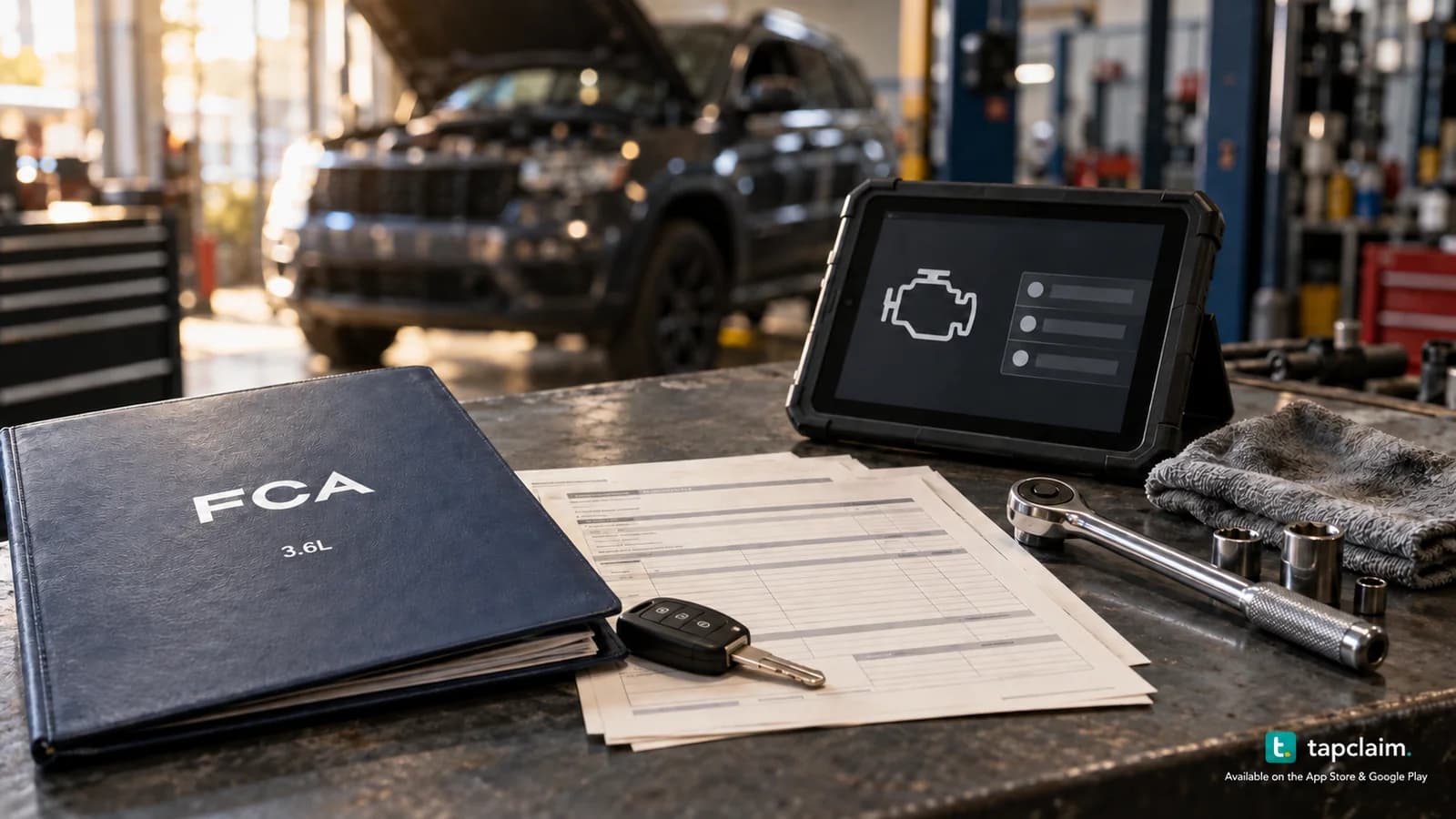 FCA 3.6L vehicle service paperwork, a car key and repair tools on an automotive workshop bench.