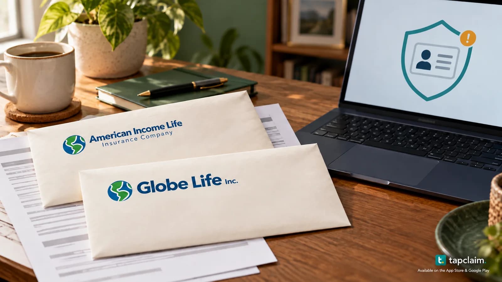American Income Life and Globe Life envelopes beside insurance paperwork and an anonymous data-security alert on a laptop.