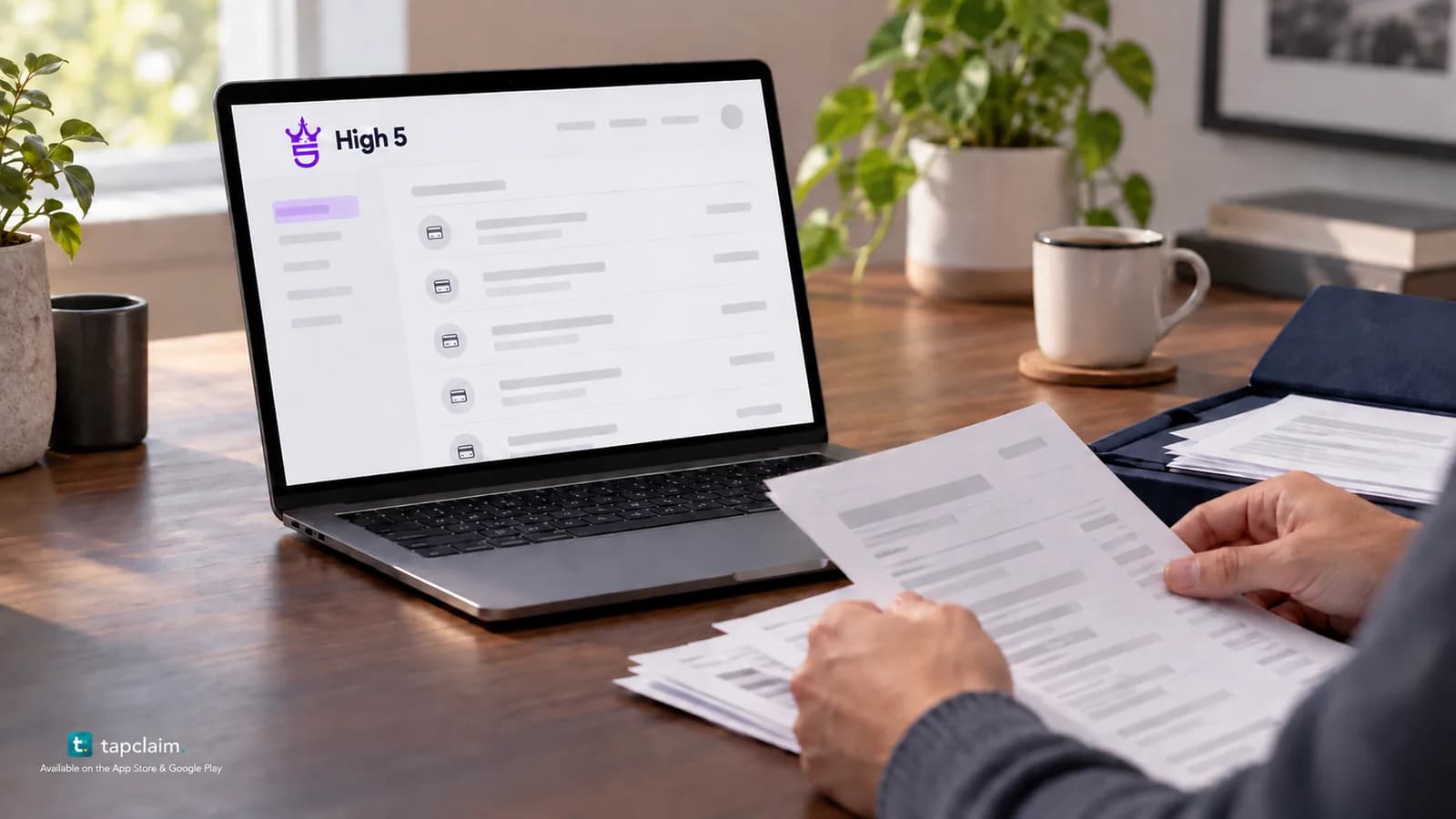 A laptop with the High 5 mark and anonymous purchase rows beside payment records being organized by an adult.