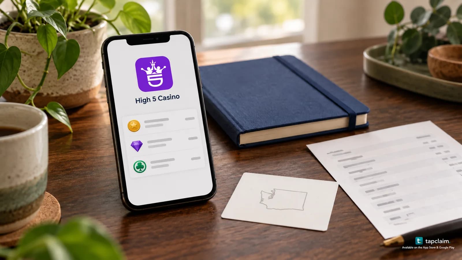 A phone showing High 5 Casino and virtual-token purchase records beside paperwork and a Washington state outline.