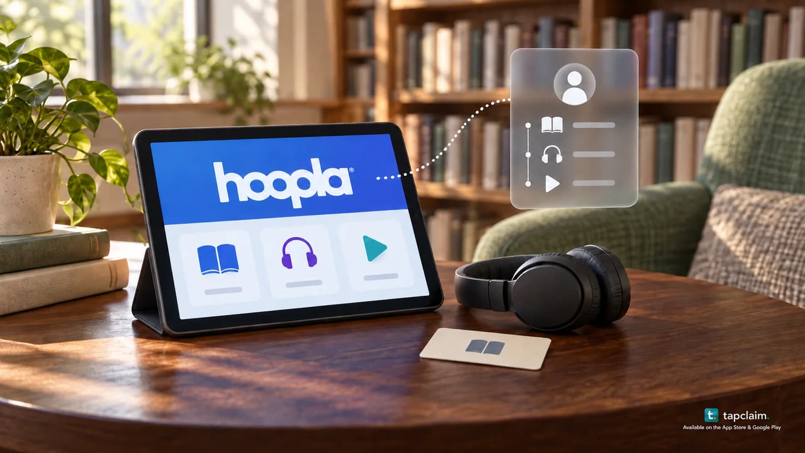 A tablet with the Hoopla logo and digital-library media icons beside headphones and an anonymous library card.