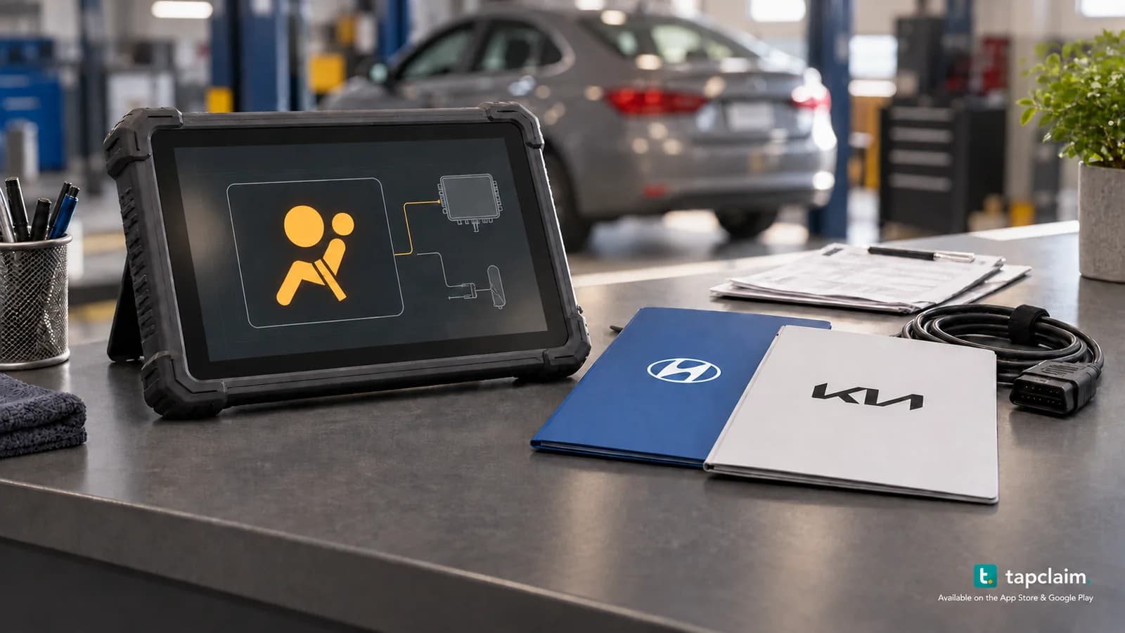 A diagnostic tablet with an airbag symbol beside Hyundai and Kia service folders and repair paperwork in a workshop.