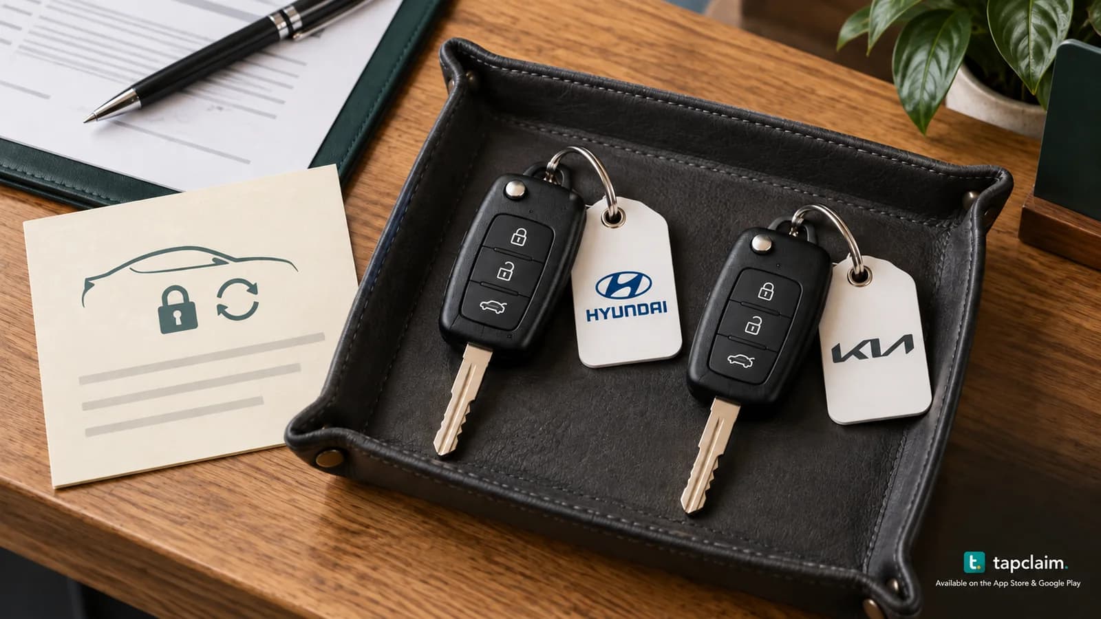 Hyundai and Kia car keys with service tags and a security-upgrade appointment card.