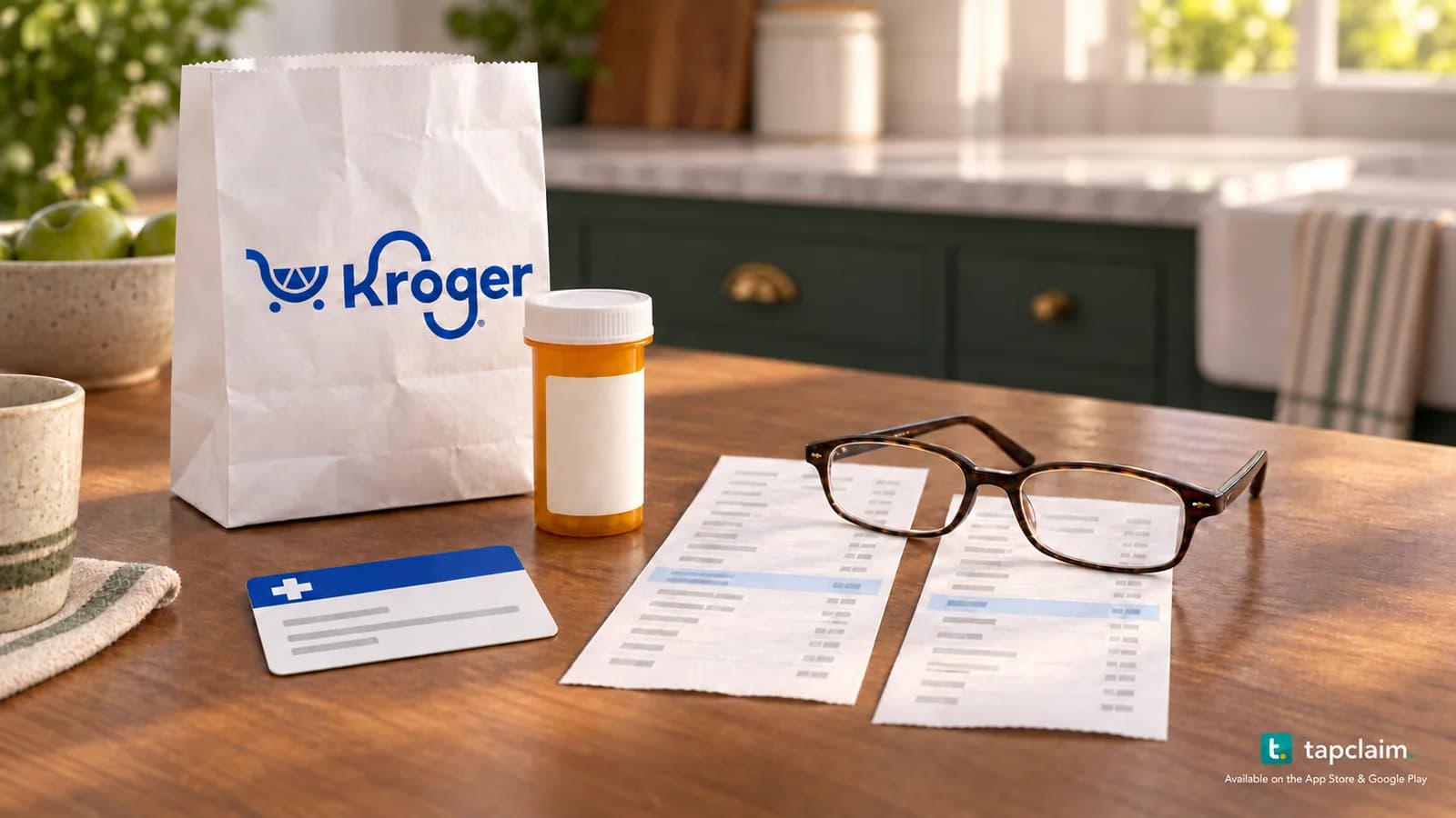 A Kroger pharmacy bag and prescription bottle beside an insurance card and receipts under reading glasses.
