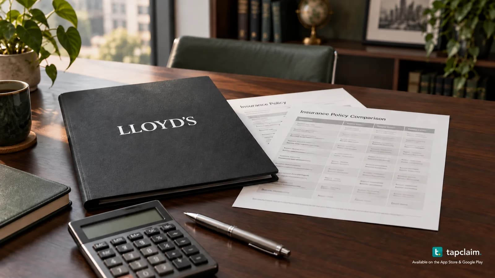 A Lloyd’s insurance folder beside policy comparison papers, a calculator and pen on an office desk.