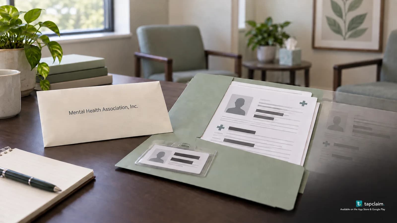 A Mental Health Association envelope beside a redacted medical folder and anonymous identity record on an office desk.