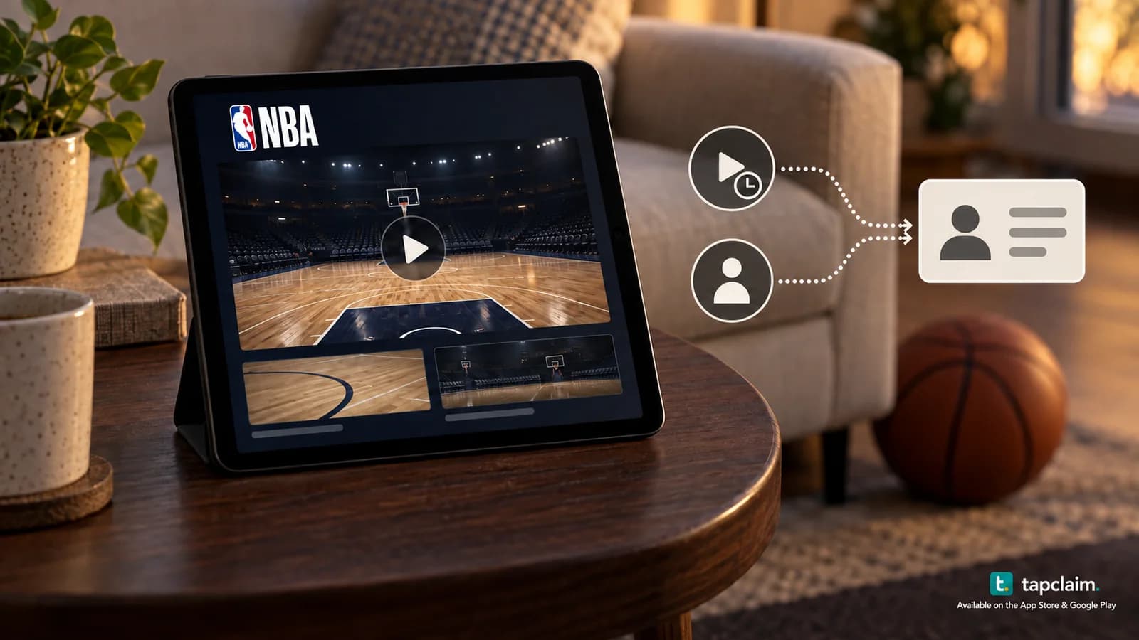 A tablet with an NBA basketball video thumbnail and viewing-history symbols connected to an anonymous audience profile.