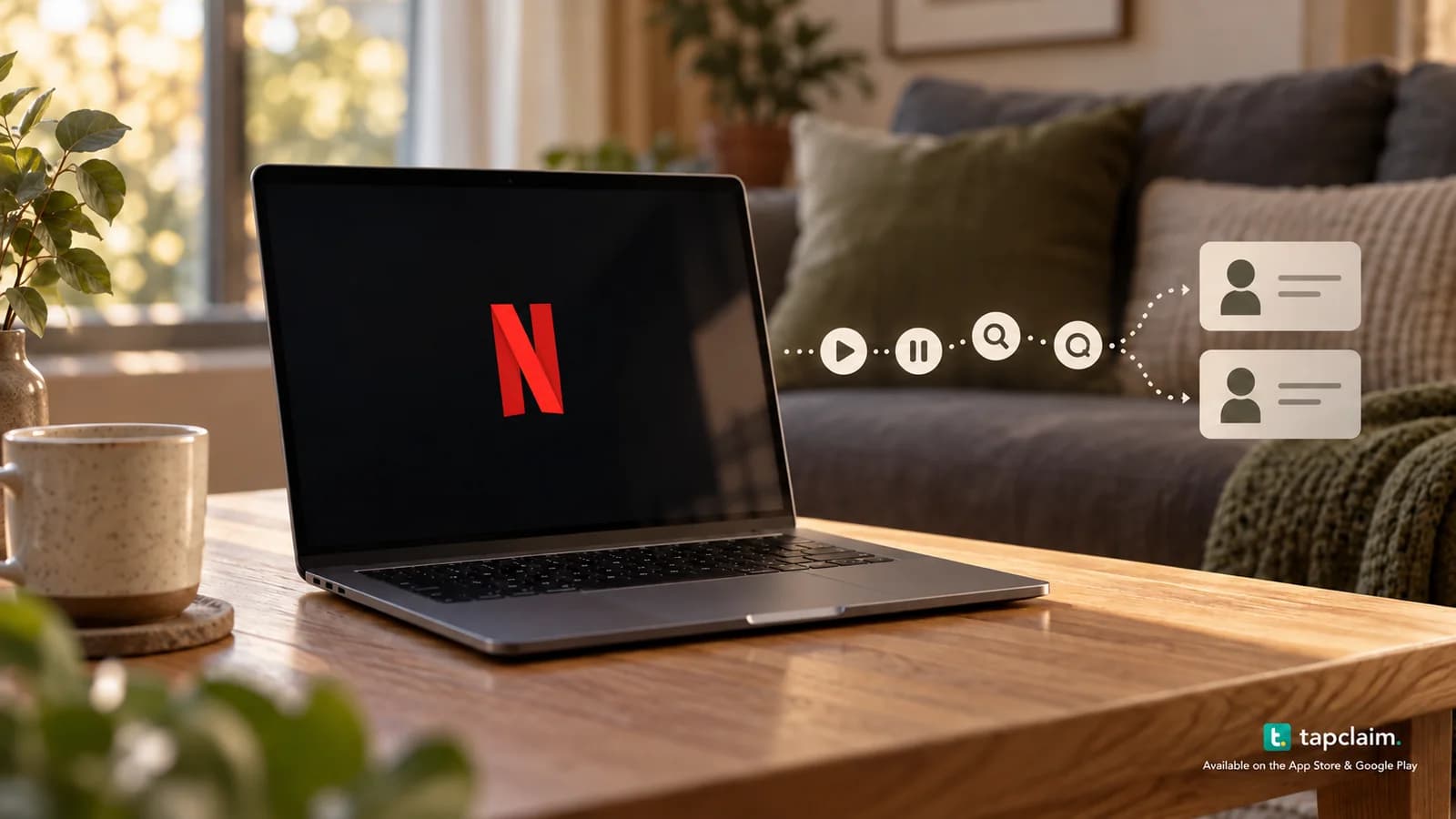 A laptop displaying the Netflix symbol, with viewing-activity icons connected to anonymous audience profiles.