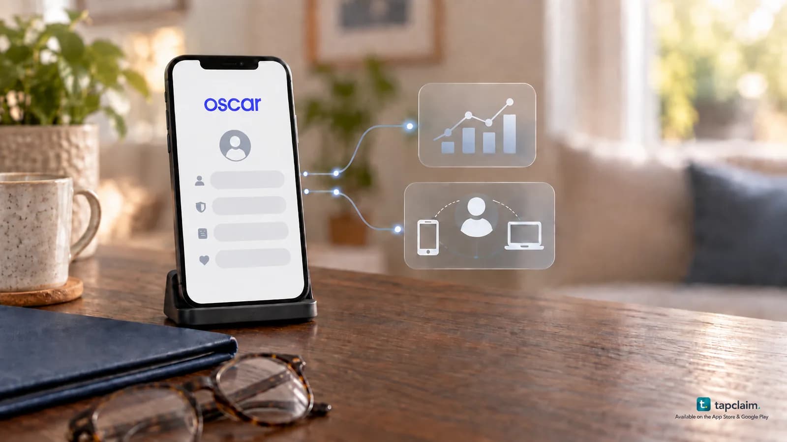 A phone with the Oscar wordmark and a symbolic insurance form linked to analytics and cross-device profile icons.
