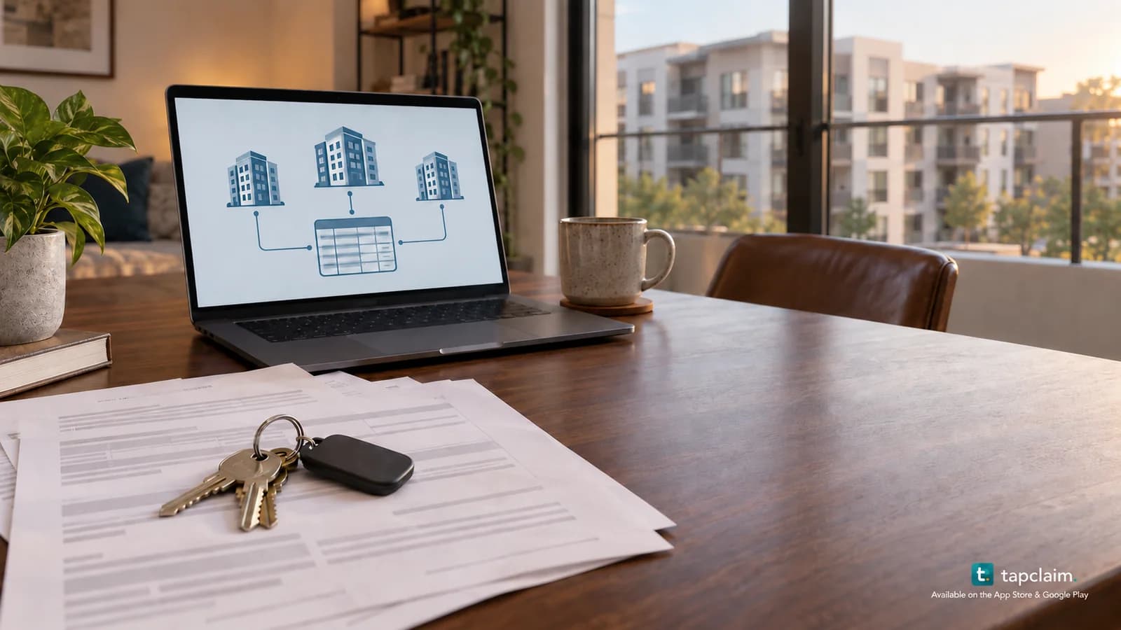 Apartment keys and rental paperwork beside a laptop with linked building symbols, overlooking a multifamily apartment complex.