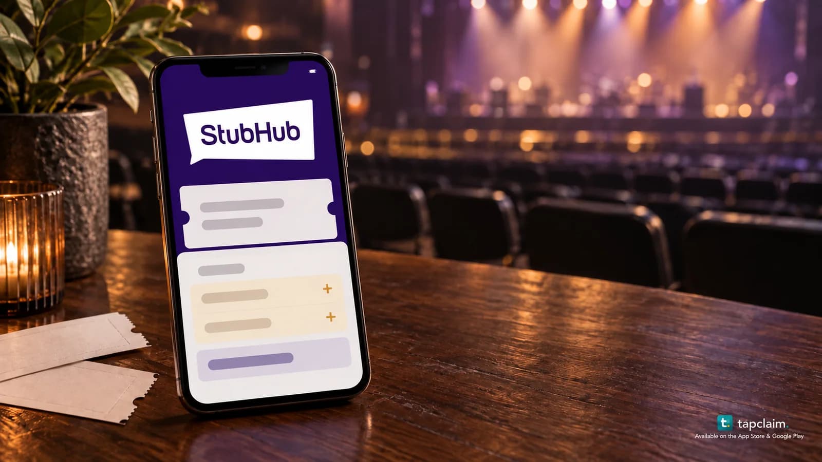A phone with the StubHub logo and a conceptual ticket checkout showing extra fee rows, beside blank ticket stubs.