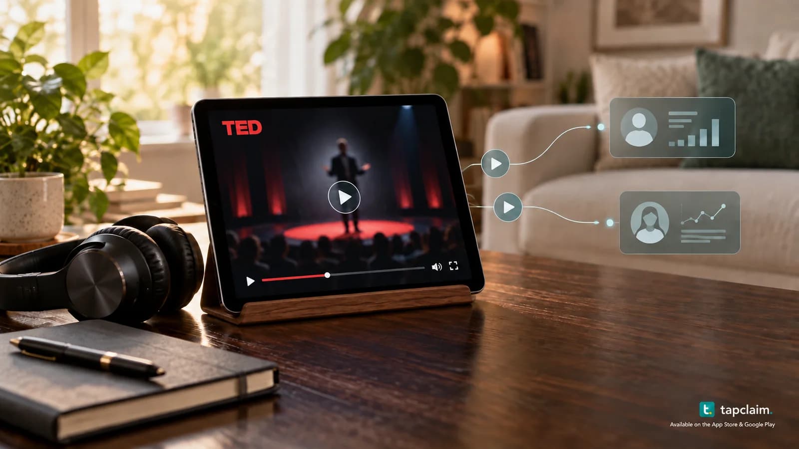 A tablet displaying a TED talk beside headphones, with viewing activity linked to anonymous analytics symbols.