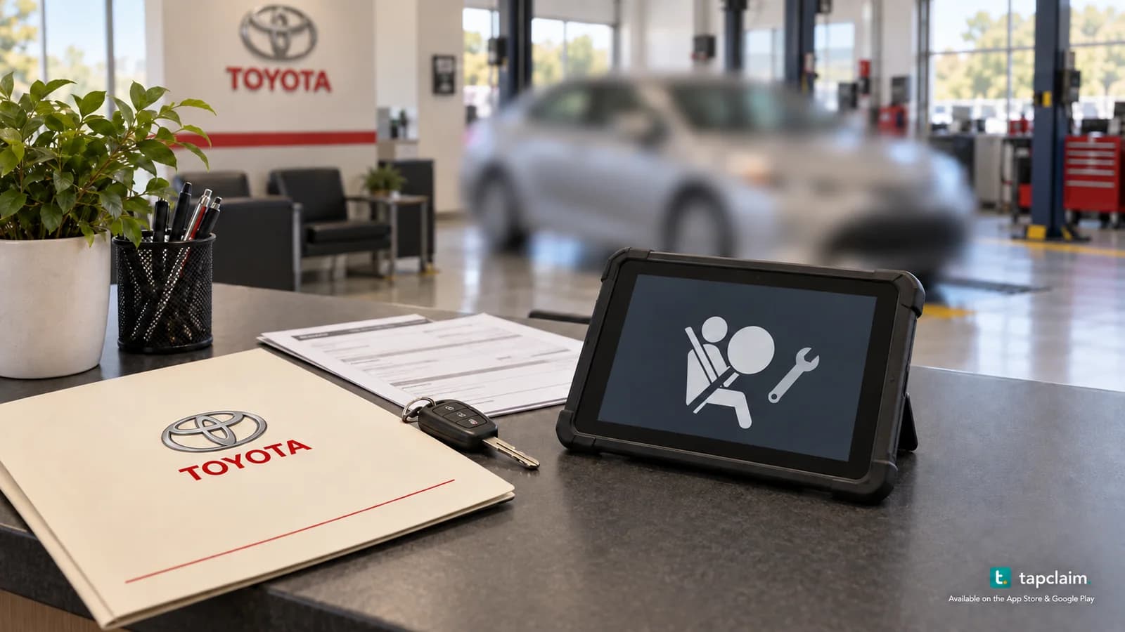 Toyota service paperwork and car keys beside a diagnostic tablet with an airbag symbol and a parked car.
