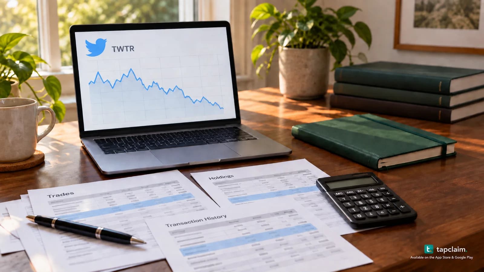 A laptop with a Twitter stock chart beside anonymous trading statements, a calculator and a pen.