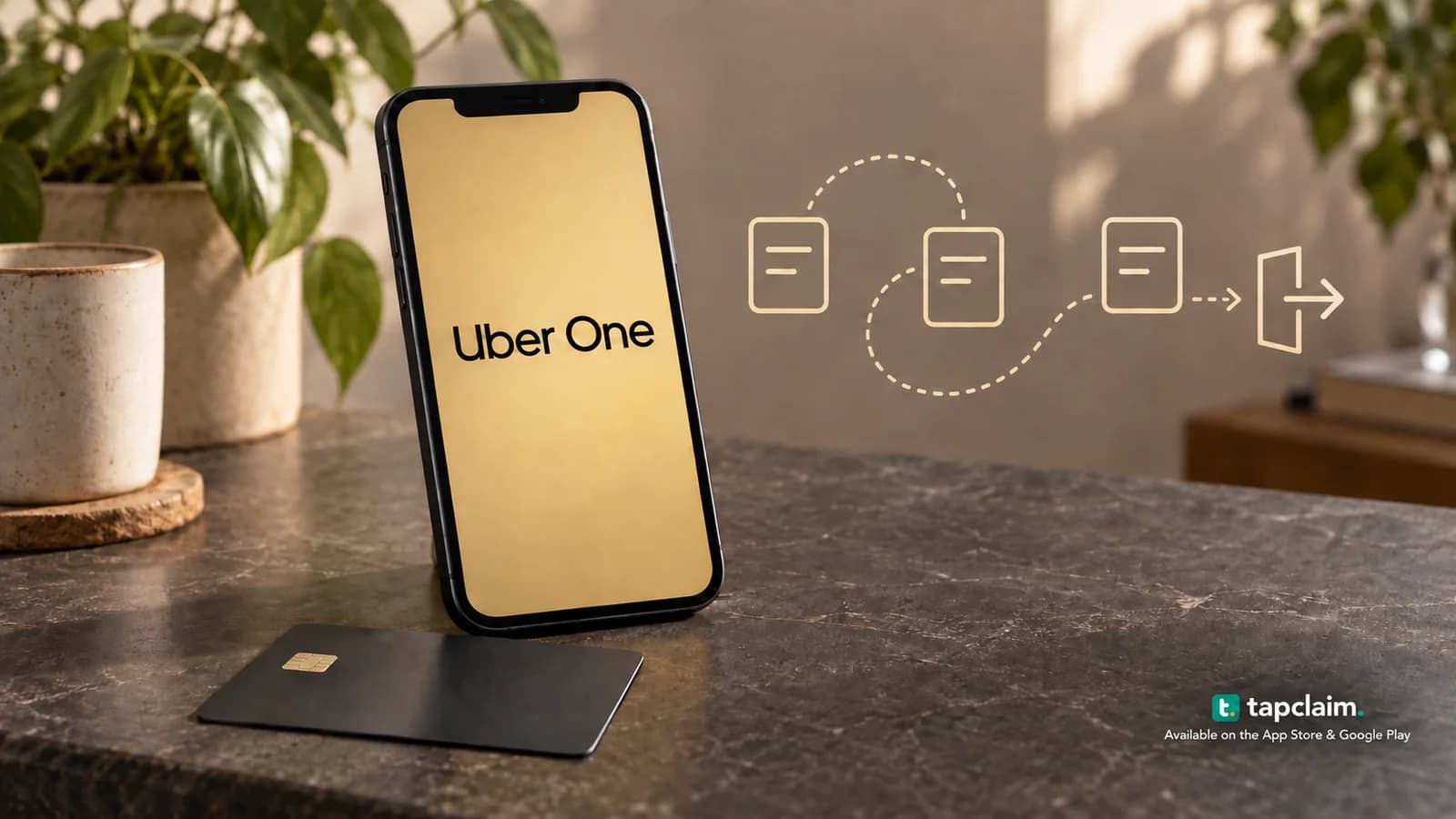 A smartphone displaying Uber One beside a payment card and a looping path representing subscription cancellation steps.