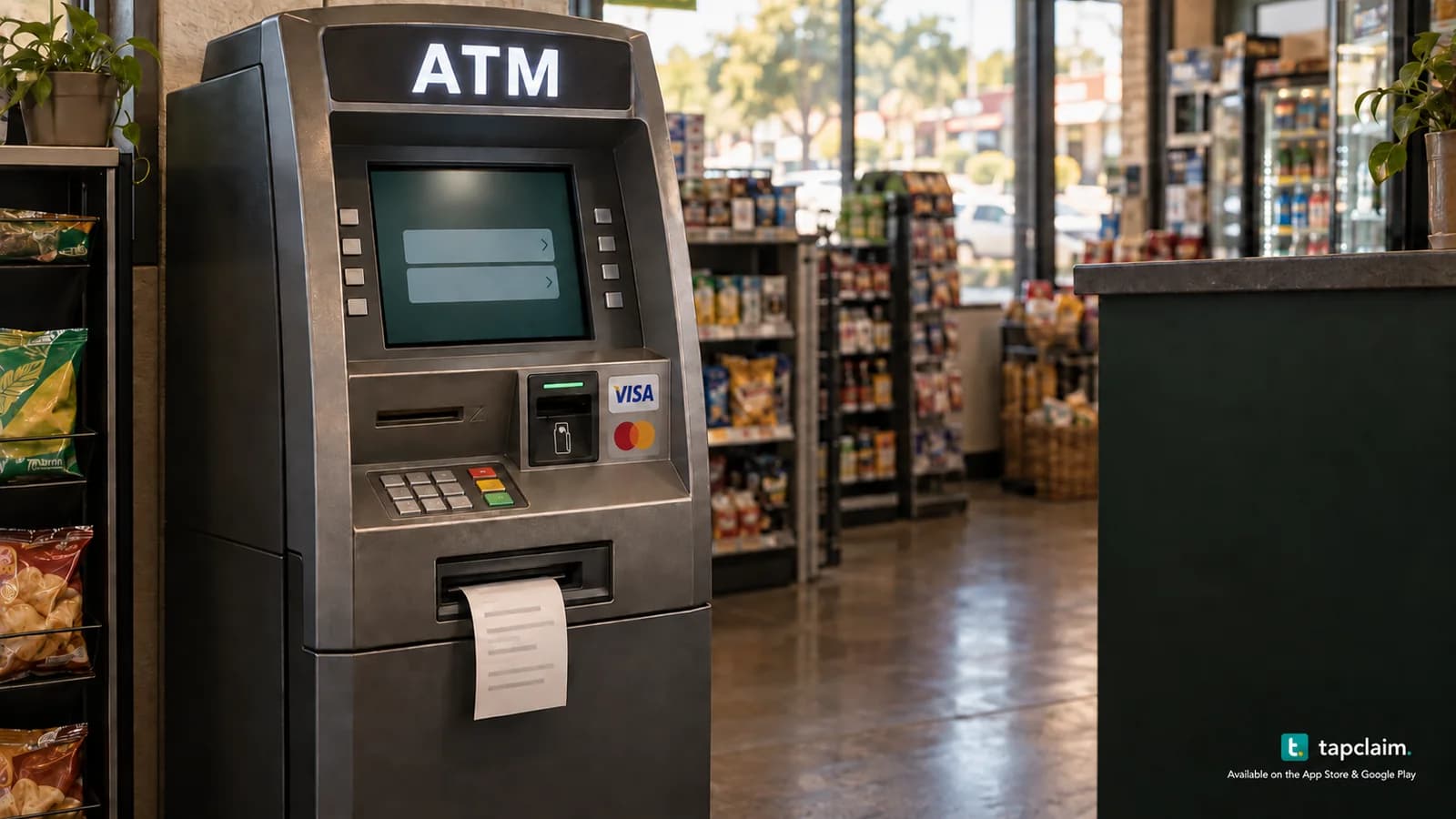 An independent ATM with Visa and Mastercard acceptance marks and a receipt in a small convenience store.
