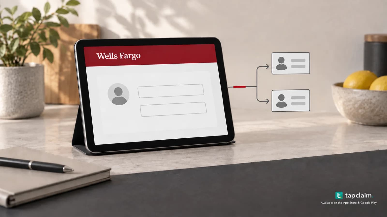 A Wells Fargo web form on a tablet with branching lines leading to anonymous profile cards.