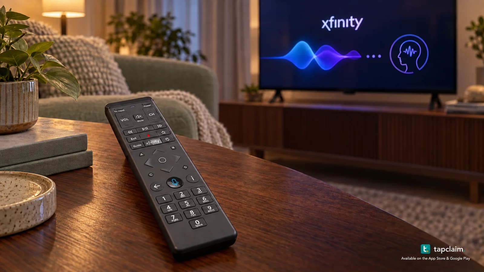 An Xfinity voice remote beside a television displaying a soundwave linked to an anonymous voice profile.