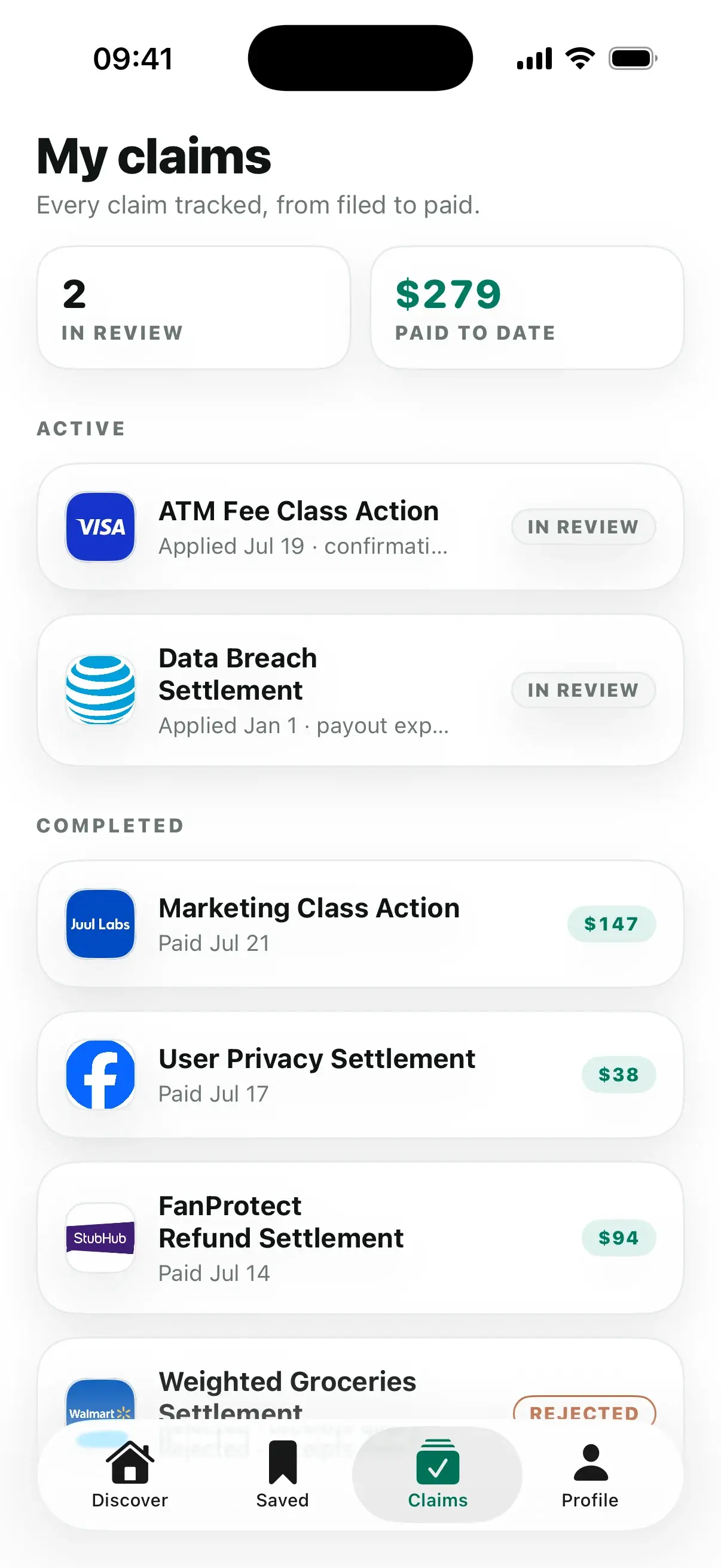 TapClaim tracking active and completed claims