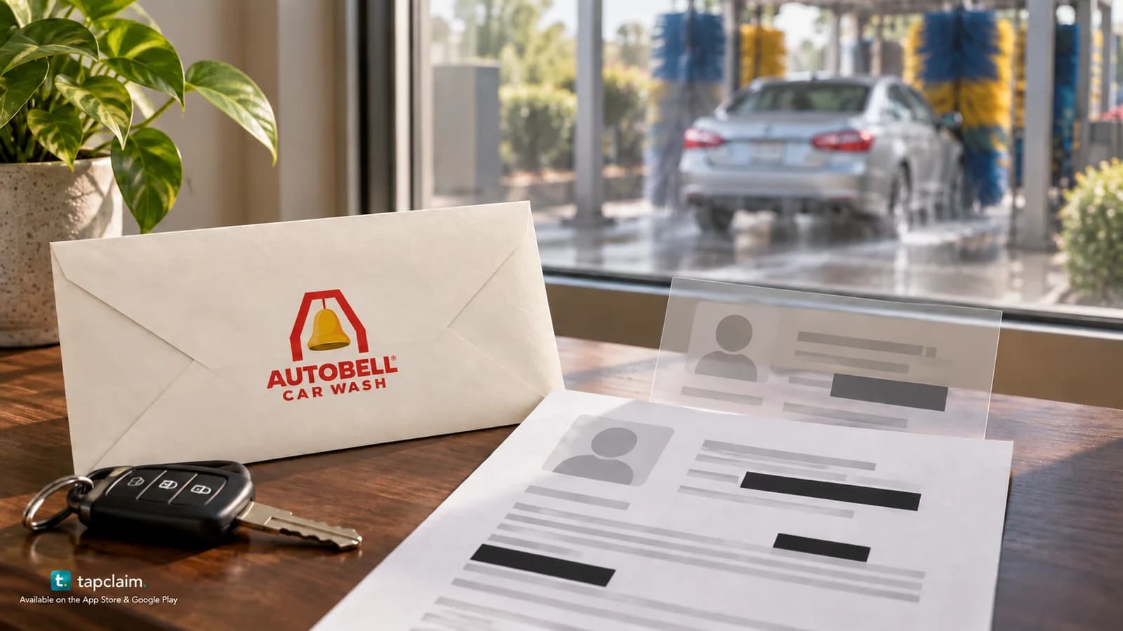 An Autobell Car Wash envelope and redacted personal records beside a car key, with a car wash softly visible through a window.