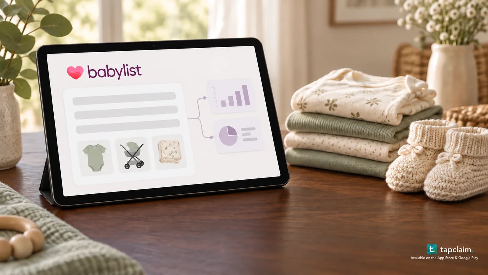 A tablet with the Babylist wordmark and registry symbols beside baby clothes, with a subtle connection to analytics tiles.