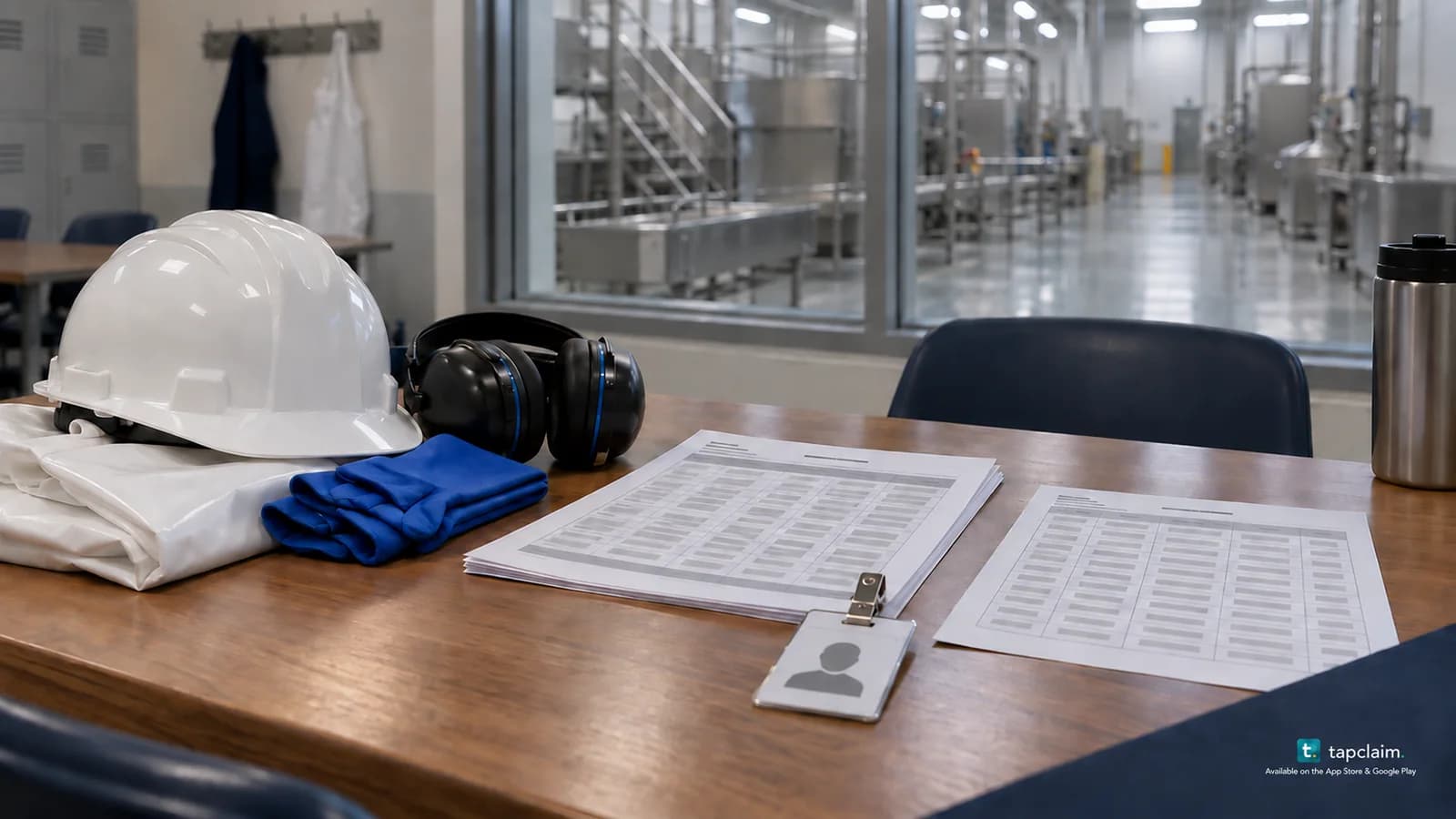 Meat-processing worker safety equipment beside anonymous paystubs and an employee access badge in a plant break room.