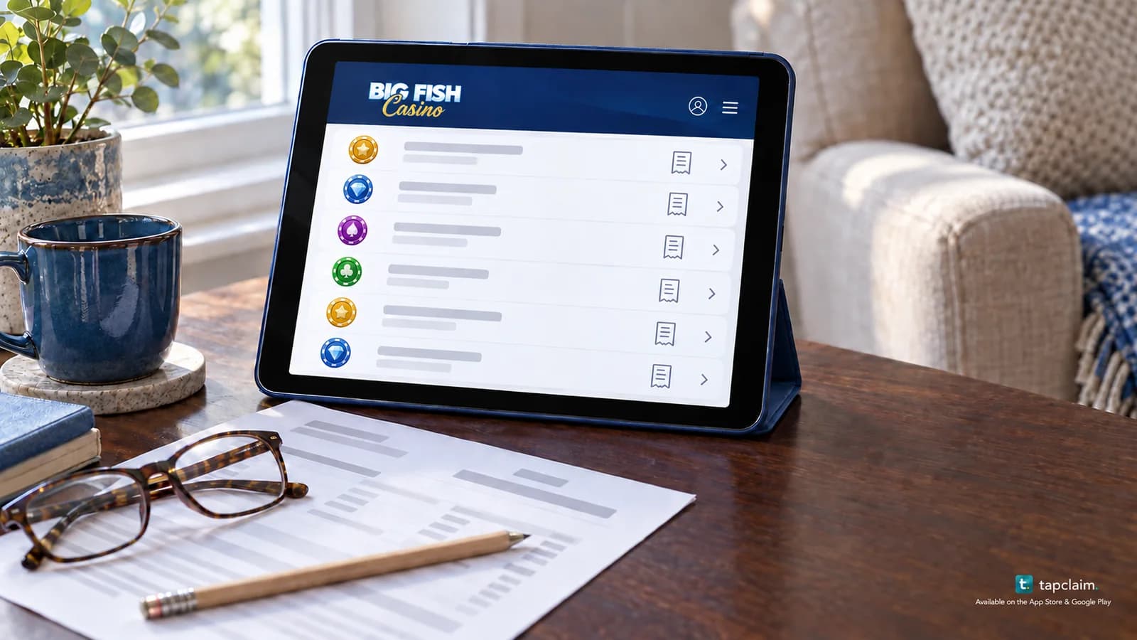 A tablet with Big Fish Casino identity and conceptual purchase records beside an anonymous statement and glasses.