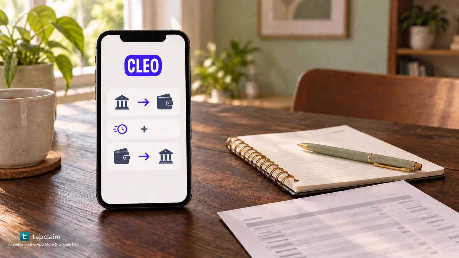 A phone with the Cleo logo and conceptual transfer-fee symbols beside a budget notebook and anonymous bank statement.