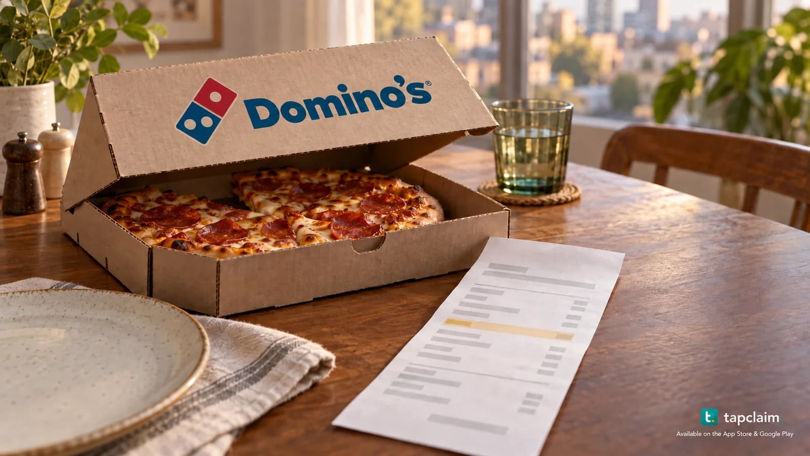 A Domino's pizza box beside an order receipt with one highlighted charge line on a dining table.