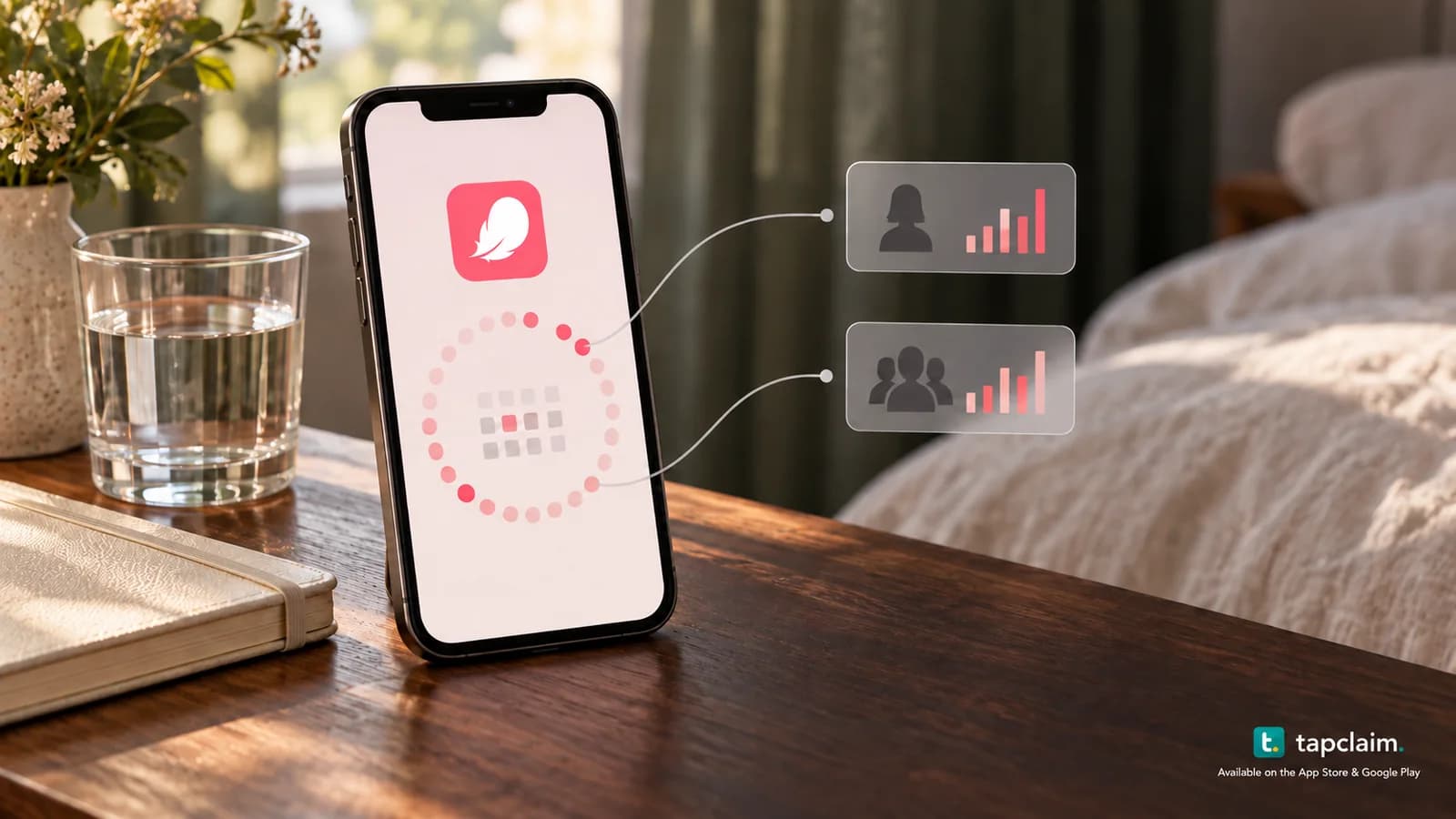 A phone with a Flo icon and a cycle calendar connected to anonymous analytics symbols on a bedside table.