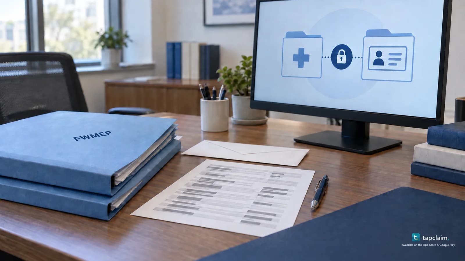 FWMEP-labeled record folders beside a computer displaying anonymous medical and identity record symbols.