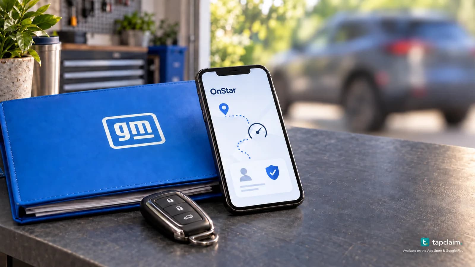 A GM folder and car key beside an OnStar phone display linking driving activity to an anonymous insurance profile.