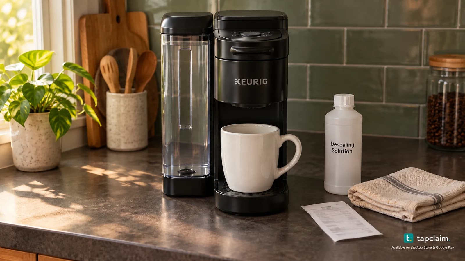 An idle Keurig K-Supreme coffee maker with a ceramic mug, descaling bottle and purchase paperwork on a kitchen counter.
