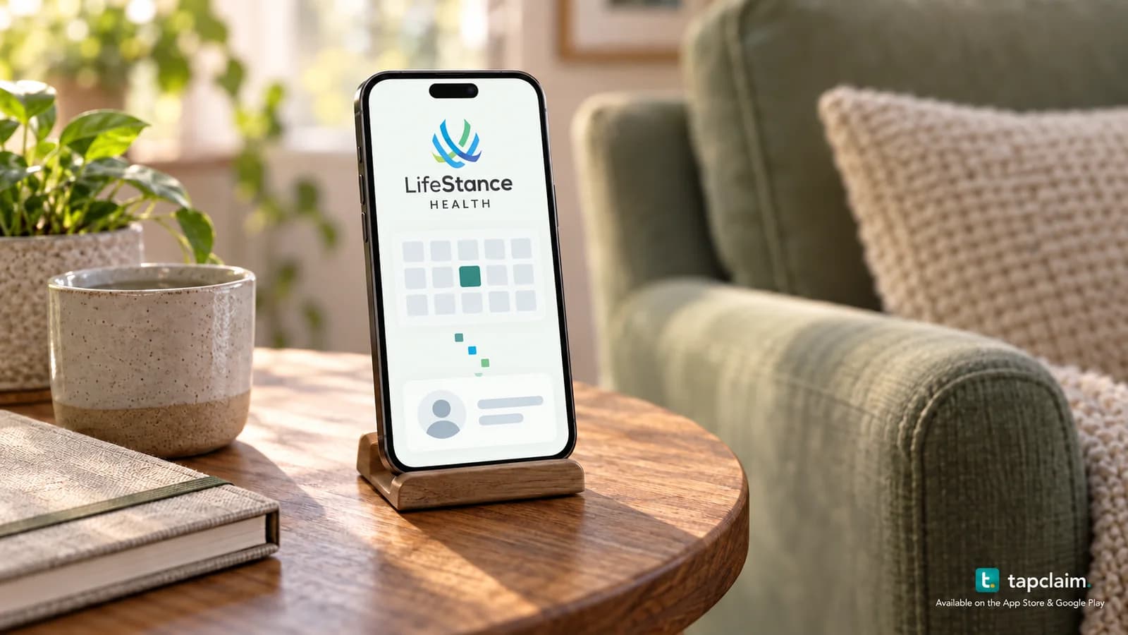 A LifeStance appointment calendar on a phone with a subtle pixel connection to an anonymous profile card.