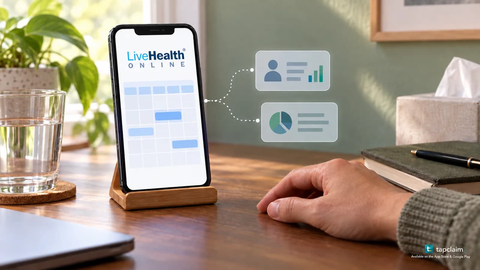 A phone displaying LiveHealth Online above a calendar, with subtle links to anonymous analytics cards on a home desk.